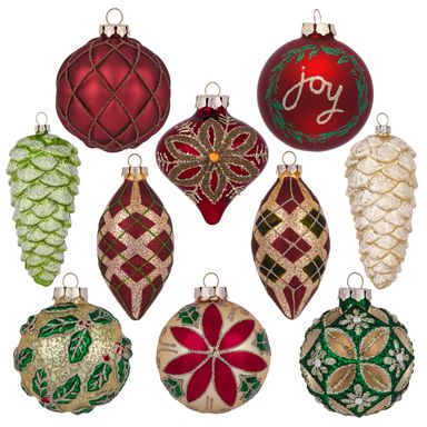 Valery Madelyn Glass Christmas Ornaments Set, 10ct Red Green and Gold Mercury Blown Glass Christmas Tree Ball Decorations, Traditional Country Xmas Hanging Teardrop Finial Bulk for Holiday Decor