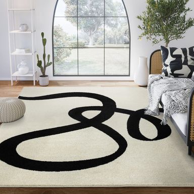 Abani Abstract Beige/Black Area Rug - 5'x8' - Modern Curved Line Design - Deco Collection - Easy to Clean - Durable for High Traffic Areas - Bedroom, Office & Kitchen - Medium Pile