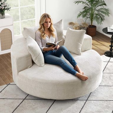 SLEERWAY 55"W Oversized Swivel Accent Chair, Large Barrel Chairs Upholstered Round Swivel Chair, Chenille Single Sofa Armchair, Modern Sleeper Chair for Living Room, Lounge and Projection Room, Beige