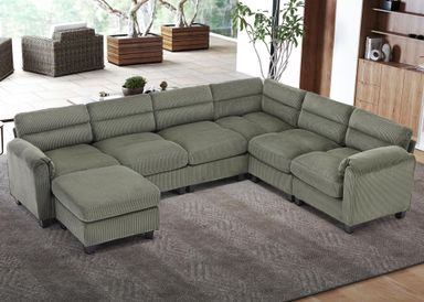 CANMOV Modular Sectional Couches with Ottoman, Convertible U Shaped Sofa Couch, 7 Seat Sofa with Chaise for Living Room，Corduroy Couch, Green Green 6+1-Seat