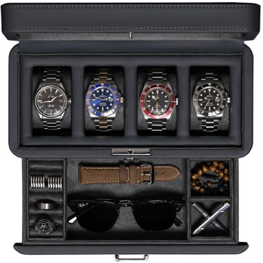 ROTHWELL Leather Watch Box with 4 Slots with Wheat Box - Luxury Case Display Jewelry Organizer, Lockable Display Case Holder with Genuine Glass Top - Watch Box Organizer for Men and Women (Charcoal)