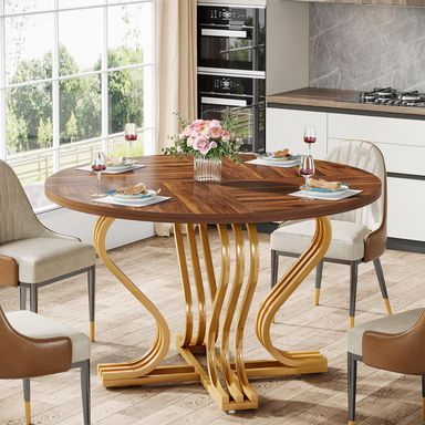 Tribesigns 47-Inch Round Dining Table for 4, Farmhouse Wood Kitchen Table with Gold Metal Base, Circle Dinner Table Dining Room Table for Kitchen, Living Room, Rustic Brown