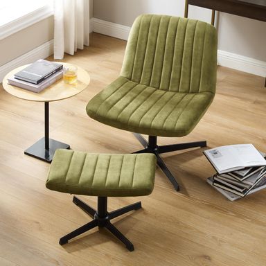 Art Leon Criss Cross Chair - with Ottoman and Pillow, Armless Office Desk Chair No Wheels, Modern Swivel Height Adjustable Mid Back Wide Seat Computer Task Vanity Chair for Home Office, Green Tufted Green