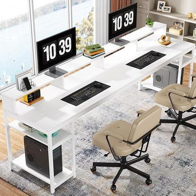 Amazon.com: Tribesigns Two Person Desk with Monitor Stand, 78.74" Long Double Computer Office Desk with Storage Shelves, Large Gaming Desk Study Writing Table Workstation for Home Office (White) : Home & Kitchen