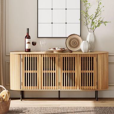WAMPAT Sideboard Buffet Cabinet with 4 Fluted Doors,64" Wood Accent Storage Cabinet with Curved Design,Mid-Centery Modern Credenza for Dining Room,Kitchen,Hallway,Oak