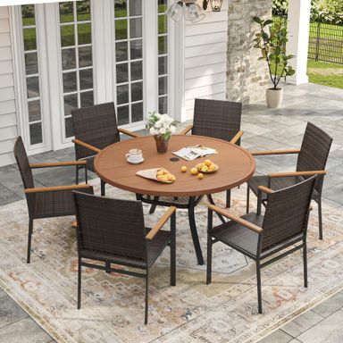 VICLLAX 7 Pieces Patio Dining Set, 6 Outdoor Wicker Dining Chairs and 47" Patio Round Metal Table with Umbrella Hole for Backyard Lawn Deck, Brown Wicker and Walnut Tabletop