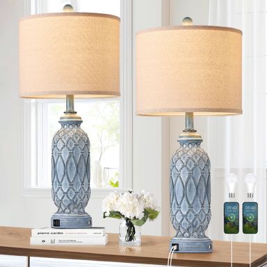 Farmhouse Lamps for Bedroom Set of 2, 28" Rustic Lamps for Living Room with USB Ports, 3-Way Dimmable Nightstand Table Lamp (Bulbs Included) Touch Control-Blue