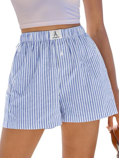 ANRABESS Boxer Shorts for Women Gingham Pajama 2026 Summer Casual Lounge Sleep Plaid Shorts Y2K Beach Bottoms Blue White Stripe Medium