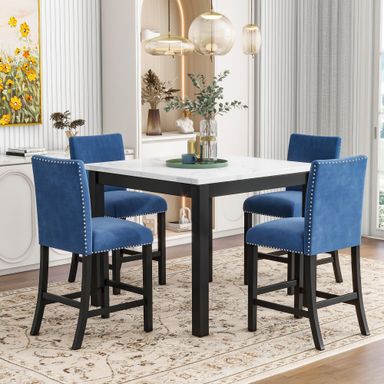 Merax Dining Table Set for 4, Counter Height Dining Table Set with Faux Marble Dining Table and 4 Upholstered-Seat Chairs, 5 Piece Dining Room Table Set, Blue+Black 5 Piece Blue+black