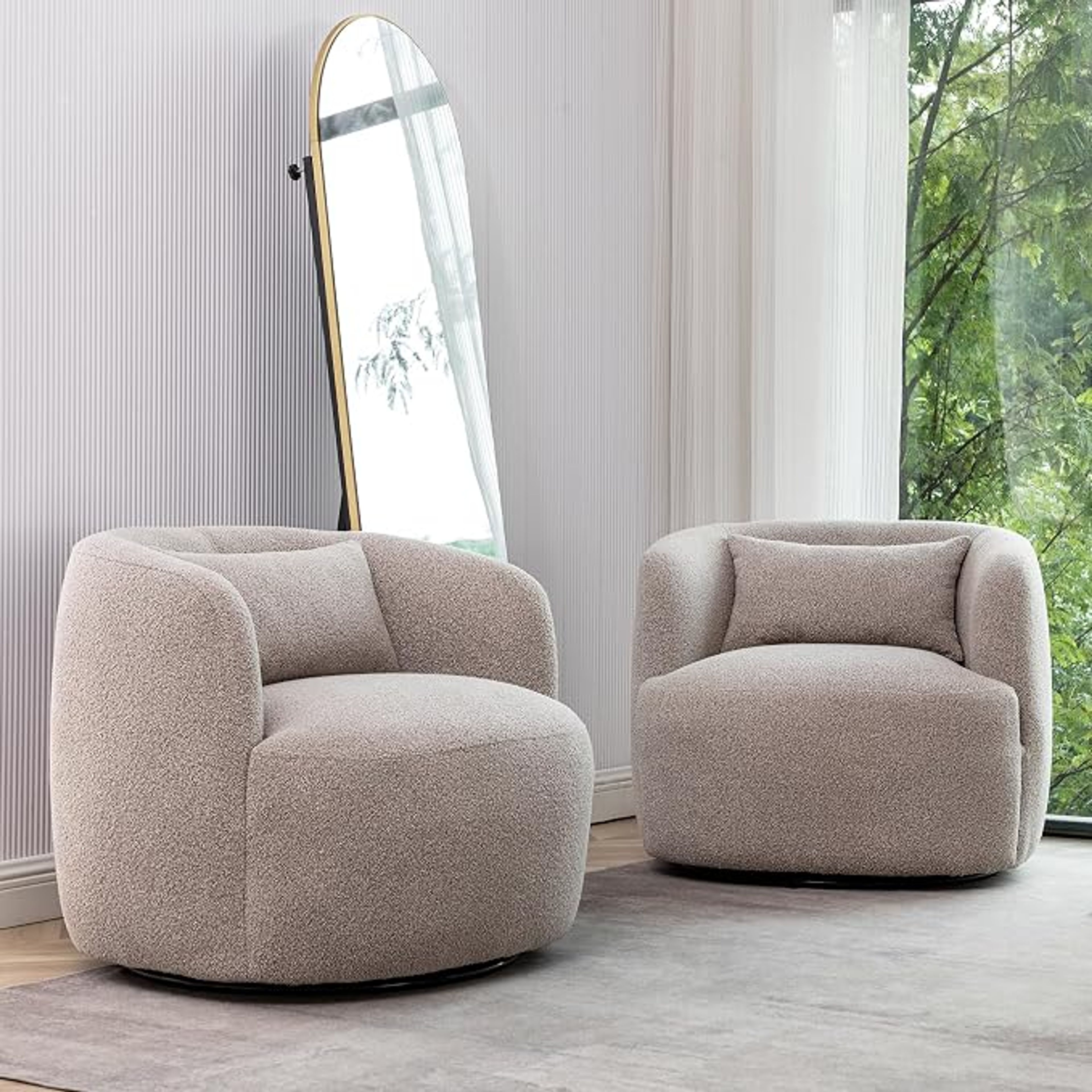 KINWELL 34" Boucle Swivel Barrel Chairs Set of 2, Taupe
