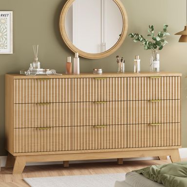 Fluted Dresser for Bedroom with 9 Drawers, 57" Wide Modern Chest of Drawers with Metal Handle, Wooden Dresser TV Stand, Wood Closet Clothes Storage Organizer for Living Room, Hallway, Natural Oak Natural Oak 15.6"D x 57.1"W x 30.5"H (9 Drawers)