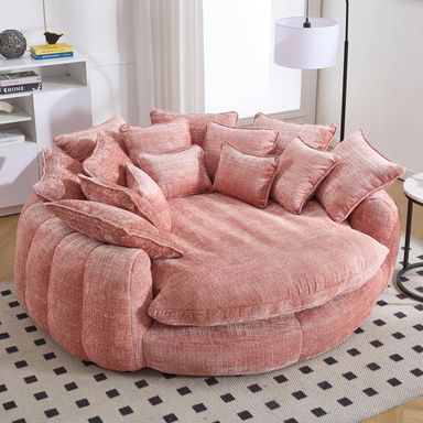 81.1" W Oversized Round Chair, Swivel Accent Chair Extra Large Knitted Chenille Living Room Chair (Pink)