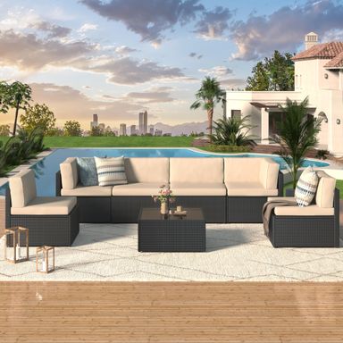U-MAX 7 Piece Outdoor Patio Furniture Set, PE Rattan Patio Wicker Sectional Furniture Chair Set with Cushions and Tea Table, (Black Rattan&Beige Cushion)