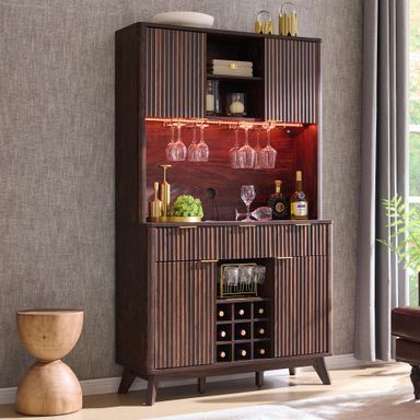 OKD 72" Tall Wine Bar Cabinet with Storage Hutch, Modern Wood Fluted Coffee Bar Cabinet with LED Lights and 10 Tier Storage Shelf & 9 Grid Wine Glass Rack for Home Dining Room Kitchen (Dark Walnut) Dark Walnut 11.7"D x 42"W x 72"H