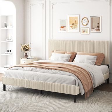 extrasleep King Size Bed Frame with Vertical Channel Tufted Headboard, Modern Upholstered Platform Bed, Elegant Bandaged headboard, Metal Platform Bed Frame, No Box Spring Needed, Beige Beige King