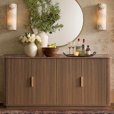 WIN2WIN 63" Fluted Sideboard Buffet Cabinet with Storage, Mid Century Modern Credenza with Faux Marble Top, Curved Corners, Wood Media TV Console Accent Cabinet for Living Room Kitchen Hallway, Walnut Walnut Rectangle_Marbletop
