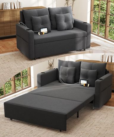 3 in 1 Sofa Bed, 56 Inch Convertible Pull Out Couch, Loveseat Sleeper Sofa with Cup Holders, USB, Sofa Couches for Living Room, Bedroom, Apartment, Dark Grey Dark Grey-1 56 Inch