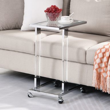 Acrylic Sofa Side Table C Shaped End Table with Wheels, Rolling Bedside Laptop Snack Table with Glass Top,Mobile Breakfast Tray Table with Clear Acrylic Frame