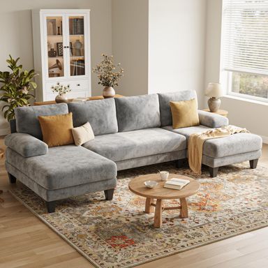 U-Shaped Sectional Couches for Living Room | 112 Inch Sectionals Couch | Cheille Sofa with Double Chaise for Apartment Light Grey