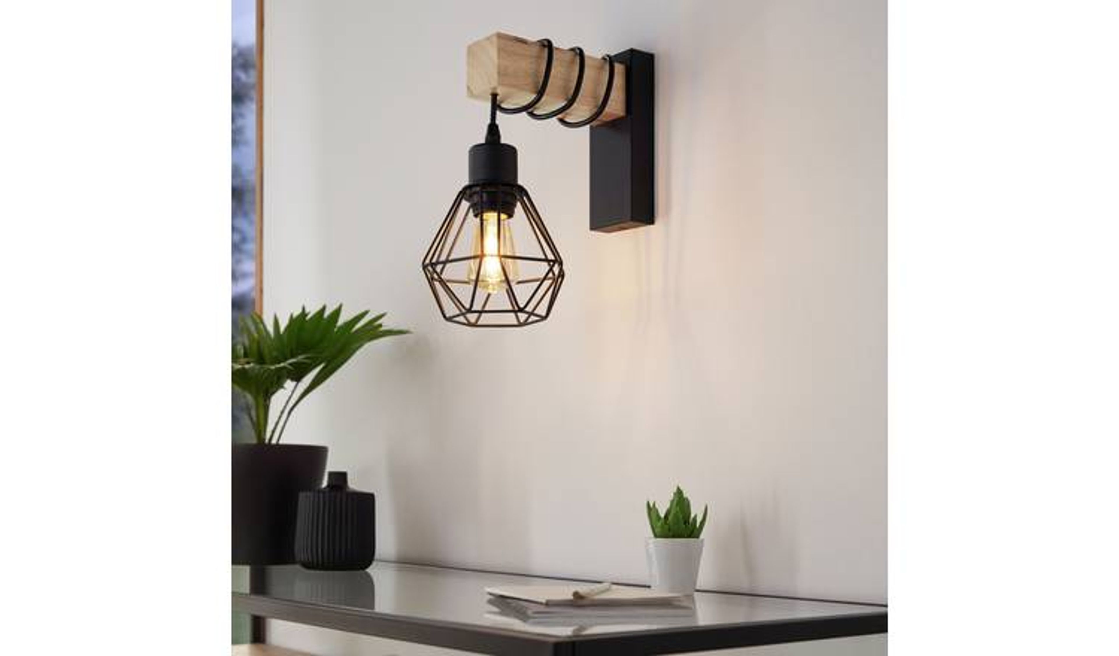 EGLO Townshend 5 Black Wooden Wall Light - Retro Industrial Fixture