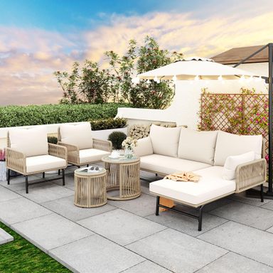 Set de salon de jardin, mobilier d'extérieur avec cadre en fer et corde tissée, gris, 2 fauteuils, 2 canapés 2 places et 2 tables