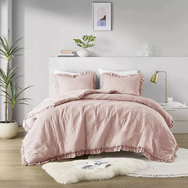 510 Design Phoebe Diamond Quilted Ruffle Edge Comforter Set, Pink