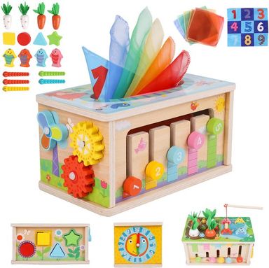 Montessori 6-in-1 Activiteitendoos - Houten kubus met o.a. Leerklok en Vormenstoof