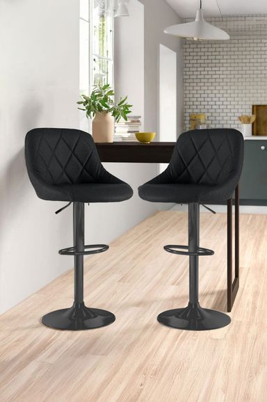 2X Madrid Matt Black & Gas Lift Fabric Adjustable Breakfast Bar Stools