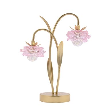 2 Stem LED Lamp With Pink Glass Flower And Gold Base