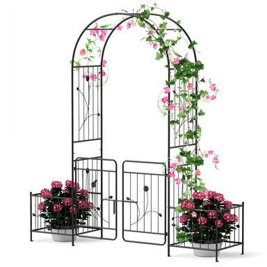 220cm Garden Arbour Metal Arch Trellis With Side Planters Lockable Gate