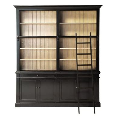 Bibliothèque 2 portes 2 tiroirs en bois d'acacia noir et échelle noire