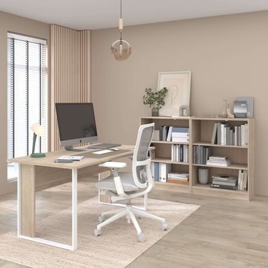 Pack de oficina Veltis, Blanco - Madera claro, escritorio con cajonera con ruedas y 2 estanterías bajas en melamina - Miroytengo.es