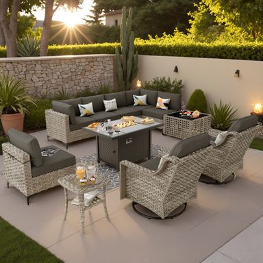 Ovios 11 -Piece Wicker Patio Conversation Set with Black Cushions