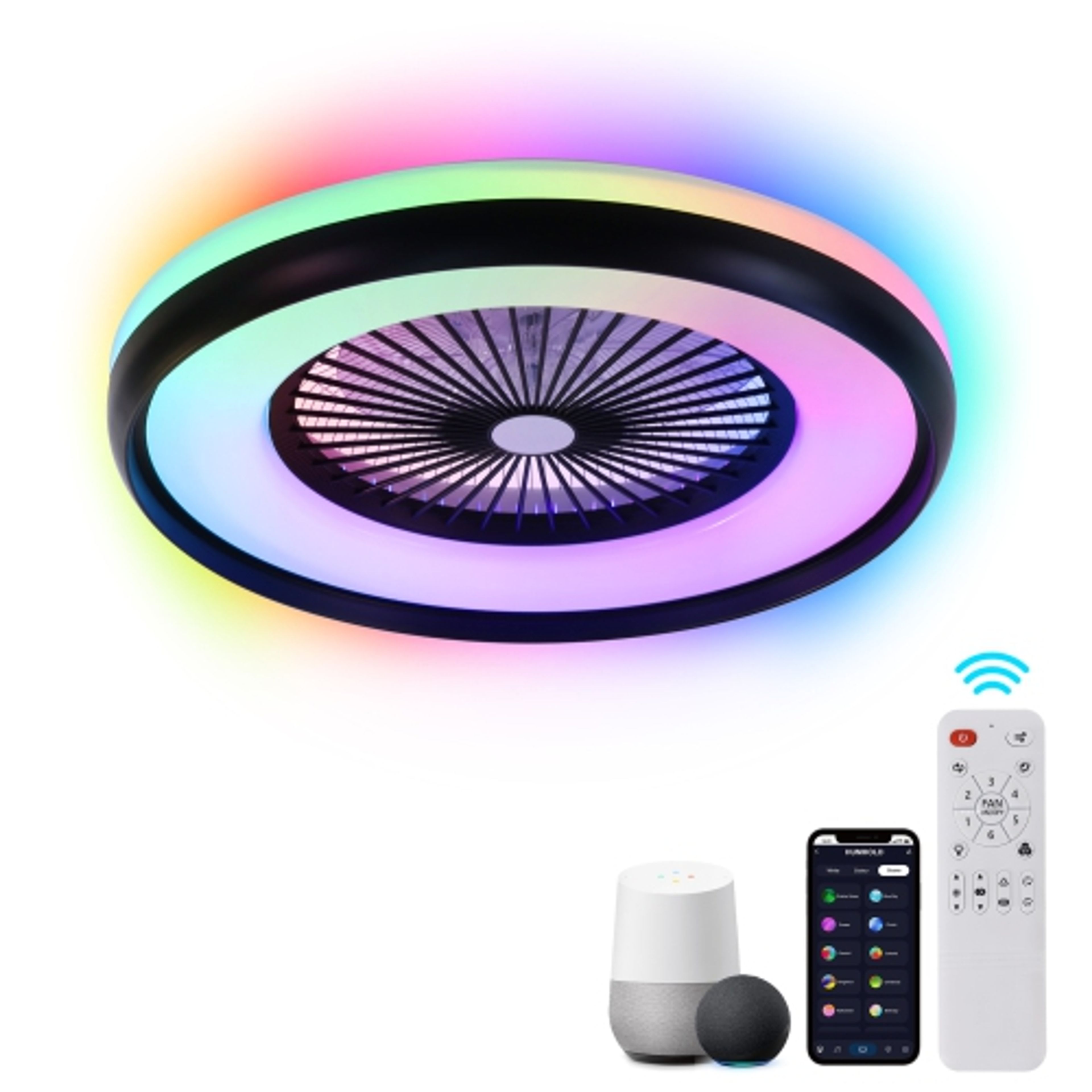 HUMHOLD 24" Bladeless RGB LED Ceiling Fan - Smart App/Voice Control Black