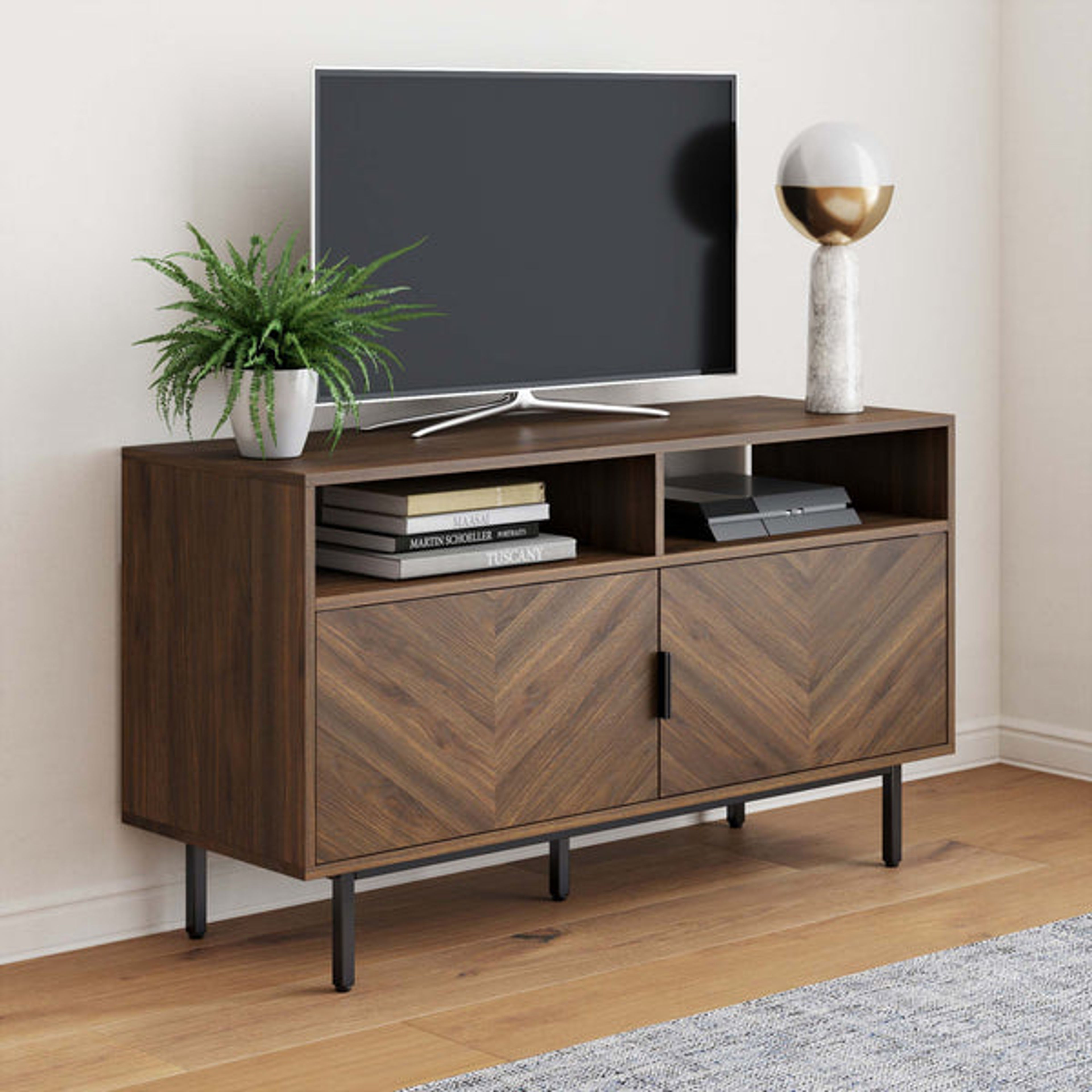 Wood Herringbone TV Cabinet Walnut | Stylish Storage