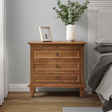 Hulala Lionel 3 Drawer Nightstand with Built-In Outlets, Charging Station, Pull-Out Shelf, Sturdy Wood Legs, Organized Storage, Farmhouse Style Bedroom Cabinet, Bedside Table
