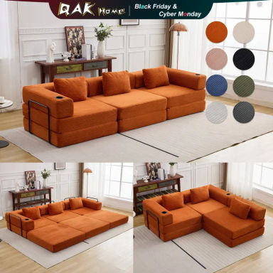 QAK 118" Modular Floor Sofa Bed with Two Cup Holders High-Quality Corduroy Fabric Free Combination Design Premium Sponge Padding Multifunctional for Small Spaces Living Room Mattress