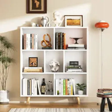Walsunny Wooden Open Shelf Bookcase, 3 Tiers & 7 Cubes Book Shelf with Legs, Storage Organizer Shelves, Display Cabinet for Bedroom, Office, White