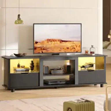 Bestier - 70'' Gaming TV Stand with Storage, LED Media Console - Black Carbon Fiber