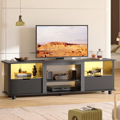 Bestier - 70'' Gaming TV Stand with Storage, LED Media Console - Black Carbon Fiber