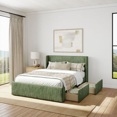 Modern Upholstered Bed - Full - Green / Bed + Drawers