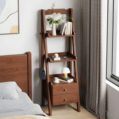 Modern Extra Tall Wood Nightstand with 2 Drawers and Open Storage Shelves - Walnut 1 Piece 17.3"L x 14.2"W x 55.1"H