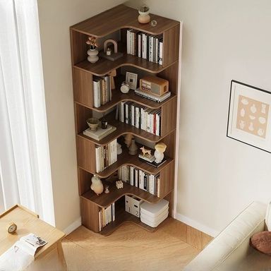 Modern Wood Vertical Corner Bookcase with Shelves & Open Back Design - Dark Walnut 24"L x 24"W x 75"H