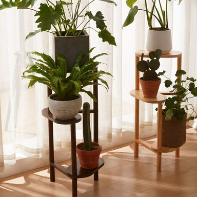 Multi-Tiered Floor Mounted Orbicular/Oval Plant Stand Table with Timber/Polymer Compound Top in a Nordic Style