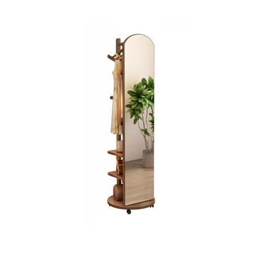 Zeitgenössischer Spiegel-Garderobenständer mit offener Aufbewahrung, mit Rädern, Nussbraun, 16"L x 16"W x 66"H
