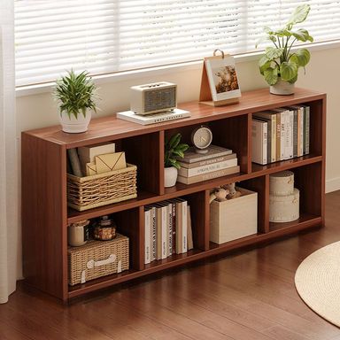 Contemporary Checkered Kids Bookshelf with 3 Horizontal Lumber Shelves and Closed Back, Self-supporting, Walnut, 55.1"L x 9.4"W x 23.6"H
