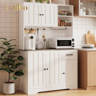 Aiho 71 inch Farmhouse Kitchen Pantry Storage Cabinet, Modern Coffee Hutch with Doors, Shelves & Microwave Stand, Cupboard for Dining Room - White+