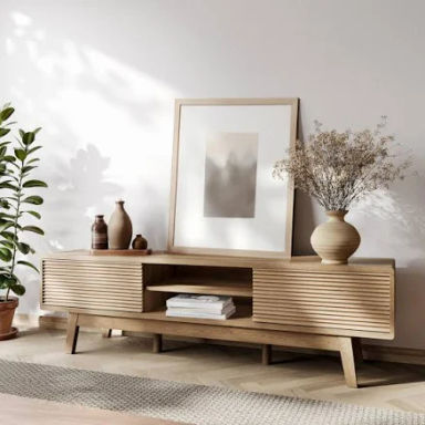 Tolead 59" TV Console, Mid Century Modern Media Console for 55/60/65 inch TV, Low Profile TV Stand with Fluted Sliding Doors, Boho Light Wood Credenza