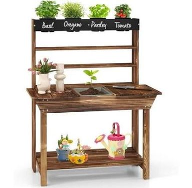 Kotek Kids Potting , Fir Wood Outdoor Mud Table with 4 Pots, Chalkboard, Removable Sink, Storage Shelves, Mud Kitchen for Kids Outdoor Garden, Gift