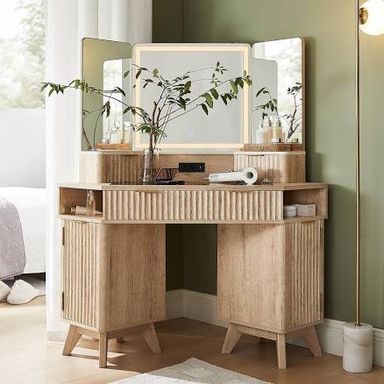 Okd Modern Fluted Corner Vanity Desk, 48" Corner Makeup Vanity Desk with 3 Way Smart Mirror and Lights, Oak Vanity Desk with Charging Station and 3